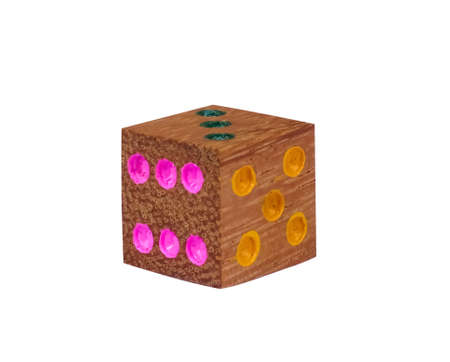 Vintage wooden dice with colorful paint dots isolated on white background , clipping path