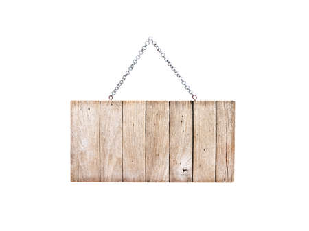 Wooden plank sign with steel chain hanging isolated on white backgroundの写真素材