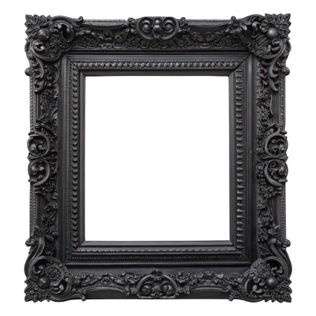 A highly detailed, ornate black frame with intricate carvings and a vintage aesthetic, presented as a graphic element for design projects, isolated on a transparent background for easy integration.の素材