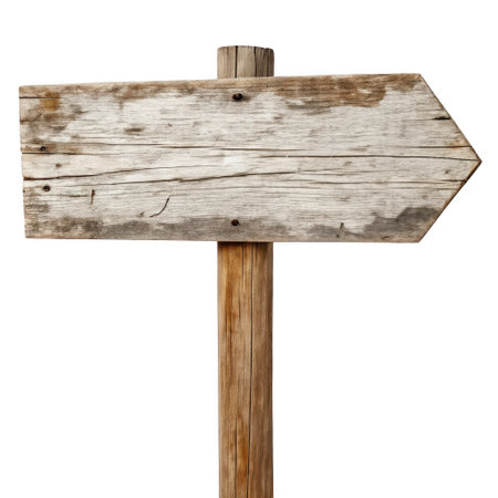 A rustic wooden signpost with an arrow shape points to the right. Its weathered surface suggests age and outdoor exposure, suitable for various design projects needing a directional element.の素材