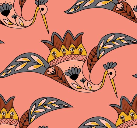 vintage japanese folk crane bird background seamlessのイラスト素材