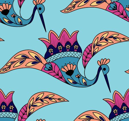 Vintage japanese folk crane bird seamless patternのイラスト素材