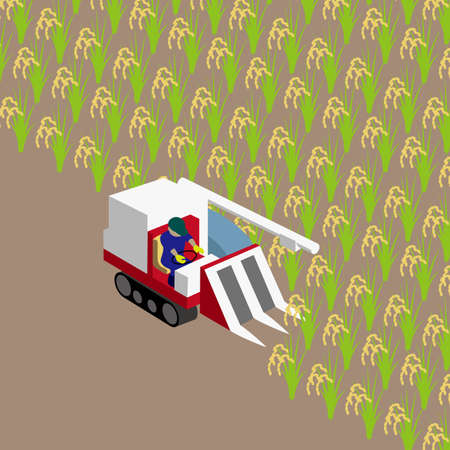 Rice reaping work in autumn vector illustration on brown backgroundのイラスト素材