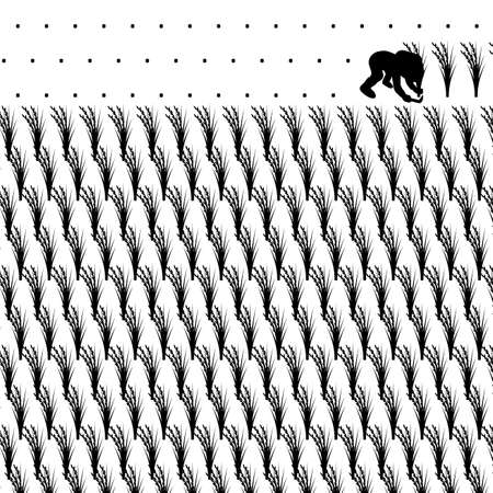 Black and white illustration of a person reaping riceのイラスト素材