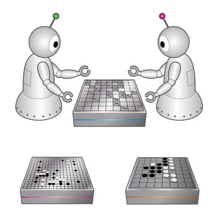 Two humanoid robots who play shogi board game Vector illustration.のイラスト素材