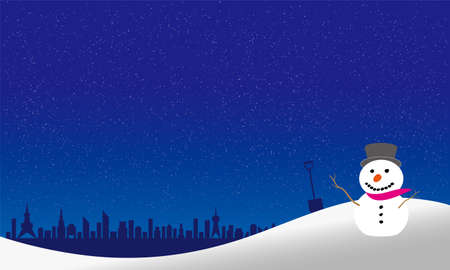 Snowman overlooking downtown from the hill (drawn in vector illustration)のイラスト素材