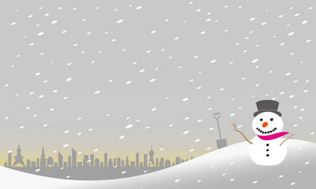 Snowman overlooking downtown from the hill (drawn in vector illustration)のイラスト素材