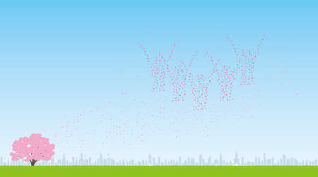 Synchronized Swimming Made of Cherry Petals and View of the City (Created with Vector Data)のイラスト素材