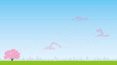 Swimmers Made of Cherry Petals and View of the City (Created with Vector Data)のイラスト素材