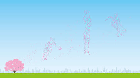 Basketball Made of Cherry Petals and View of the City (Created with Vector Data)のイラスト素材