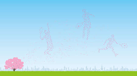 Tennis Players Made of Cherry Petals and View of the City (Created with Vector Data)のイラスト素材