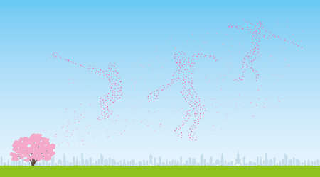 Athletics Players Made of Cherry Petals and View of the City (Created with Vector Data)のイラスト素材