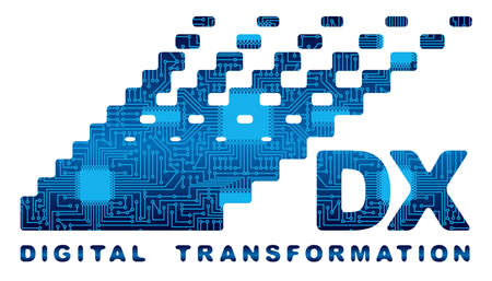 An illustration that imagines "digital transformation". Overlapping of staircase shape and electronic circuit. As the staircase shape goes up, it changes to a dot shape.のイラスト素材