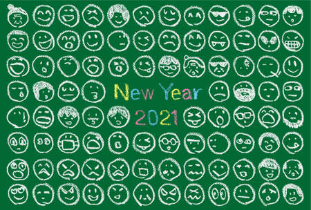 Faces and letters hand-painted with chalk. 2021 New Year card design.のイラスト素材