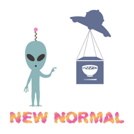 A UFO carrying food and an alien pointing to it. The letters "NEW NORMAL" are laid out at the bottom. Imaginary illustration of new normal. (Created with vector data)のイラスト素材