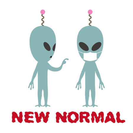 Aliens wearing face masks and aliens pointing at them. The letters "NEW NORMAL" are laid out at the bottom. New normal and new manner announcement illustration. (Created with vector data)のイラスト素材