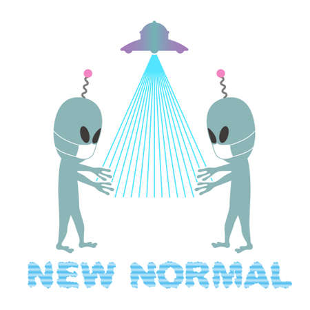 Two aliens wearing face masks and washing their hands. The letters "NEW NORMAL" are laid out at the bottom. New normal and new manner announcement illustration. (Created with vector data)のイラスト素材