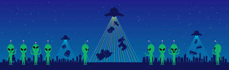 Behind the aliens is the night cityscape and the starry sky. A UFO is firing a laser beam at the ground, sucking up things from the earth. An imaginary illustration of looting by aliens. Created withのイラスト素材