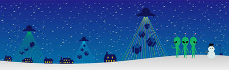 Aliens standing on the snow. In the background are the snowstorms at night and the houses with lights. A UFO is firing a laser beam at the ground and sucking up Christmas gifts. An imaginary illustratのイラスト素材
