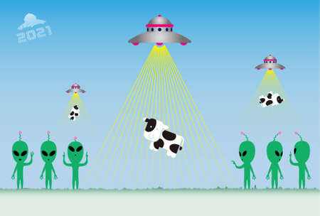 New Year card with the theme of Japanese zodiac. Six aliens are standing on the meadow. Multiple UFOs are floating in the sky, pulling cows with a laser beam. An imaginary illustration of an alien abdのイラスト素材