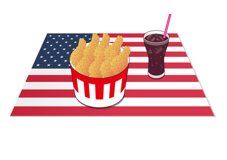 The image of American food such as fried chicken and cola is reproduced with illustrations. A place mat with a national flag is laid underneath. Created with vector data.のイラスト素材