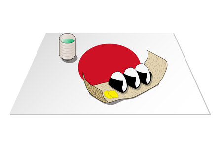 The image of a rice ball lunch box is reproduced with an illustration. A place mat with a national flag is laid underneath. Created with vector data.のイラスト素材