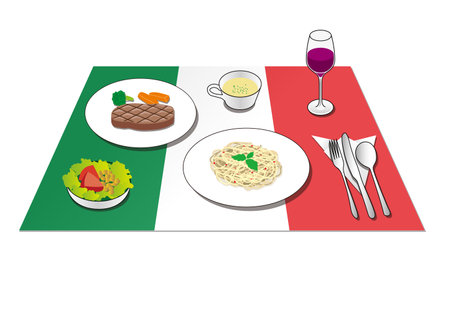 The image of Italian food such as pasta is reproduced with illustrations. A place mat with a national flag is laid underneath. Created with vector data.のイラスト素材