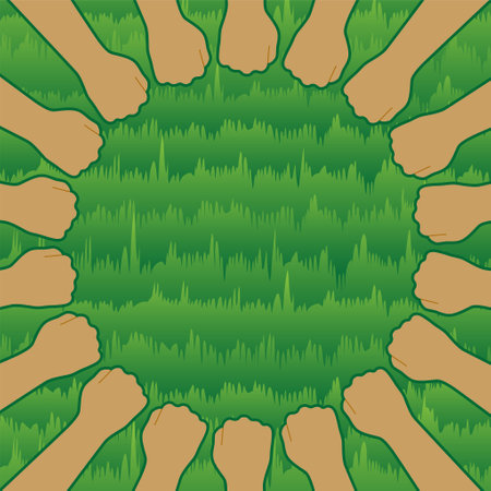 Illustration of ten people putting their fists together. An illustration of a lawn is placed in the background. I imagined the unity of the team. Created with vector data.のイラスト素材