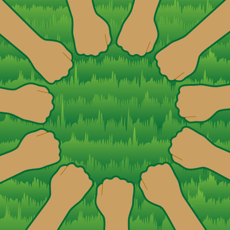 Illustration of eleven people putting their fists together. An illustration of a lawn is placed in the background. Image of the unity of a soccer team. Created with vector data.のイラスト素材