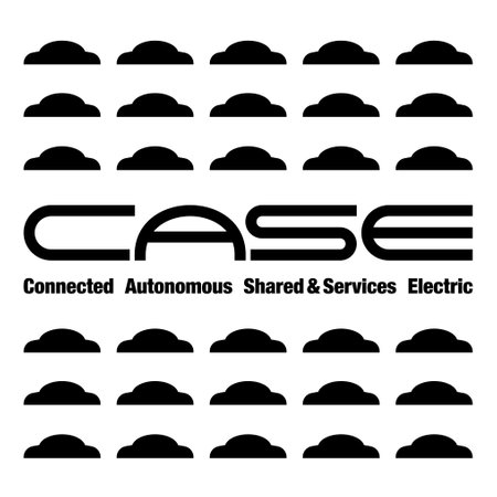 Fifteen silhouettes reminiscent of automobiles are placed one above the other. In the center is the letter "CASE" and description. Created with vector data.のイラスト素材
