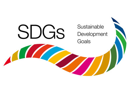 Wavy layout of objects colored in 17 symbol colors. The letters "SDGs" in the upper left. A symbol mark that imagines the Sustainable Development Goals (SDGs). Created with vector data.のイラスト素材