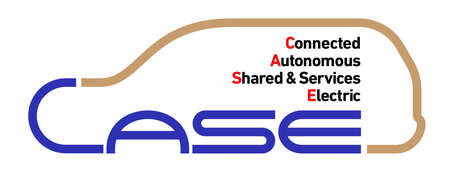 The silhouette of the SUV is drawn using the letters "CASE" in part. Inside is the words "Connected, Autonomous, Shared & Services, Electric". Created with vector data.のイラスト素材