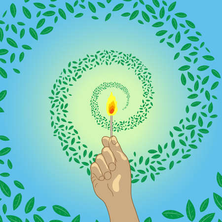 Illustration of a hand holding a lit match. A swirl of leaves surrounds the fire. Imaginary illustration of carbon neutral. Created with vector data.のイラスト素材
