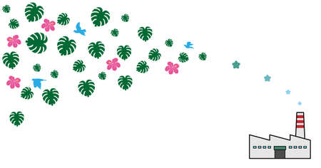 Illustration of a factory with a chimney. Instead of smoke, leaves, flowers, and birds come out of the chimney. Imaginary illustration of carbon neutral. Created with vector data.のイラスト素材