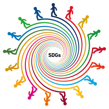 A spiral colored with 17 symbol colors. At the tip of each spiral is an illustration of a walking...