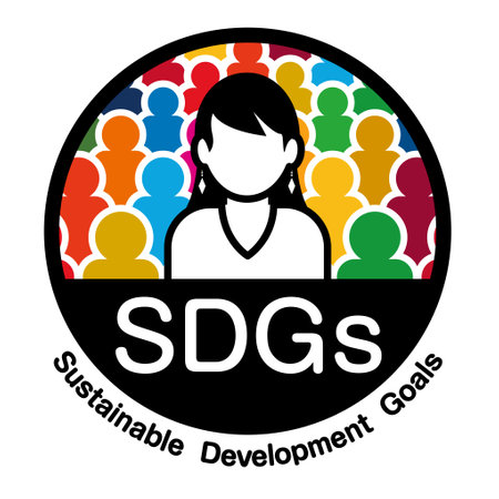 A female bust-up illustration in a circle bordered in black. The background is a humanoid colored with 17 symbol colors. The letters "SDGs" are placed on the lower side. Created with vector data.のイラスト素材