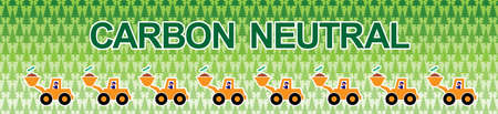 Illustration of excavator cars carrying sprouts lined up. The letters "CARBON NEUTRAL" are laid out on the upper side. An illustration of a forest is drawn in the background. Created with vector data.のイラスト素材