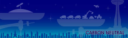Illustration of cities, sprouts, balances, etc. overlapping in a translucent silhouette. Place the letters "CARBON NEUTRAL" in the lower right corner. Blue gradient on the background. Vector data.のイラスト素材