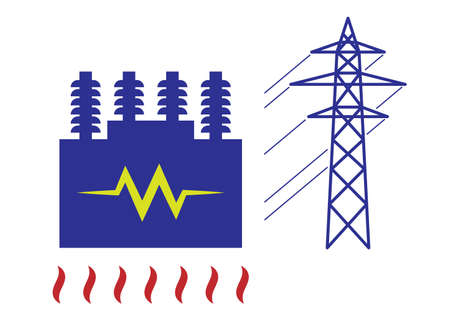 Illustration of a power plant. The heat is rising from below. Illustration of the transmission tower...
