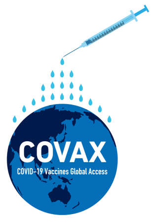 Illustration of a syringe at the top of the screen. Liquid is dripping from the syringe and pouring onto the earth. The letters "COVAX" are placed on the earth. Created with vector data.のイラスト素材