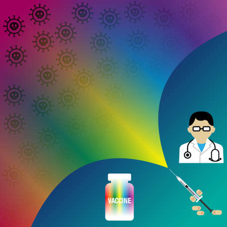 Illustration of syringe, vaccine bottle and doctor. A rainbow-colored vaccine is being injected from the syringe. The vaccine will gradually disappear. Created with vector data.のイラスト素材