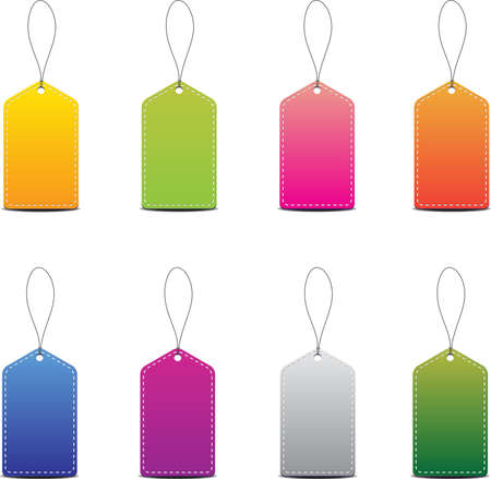 Collection of colorful empty label or price tag with cord, isolated on white backgroundのイラスト素材