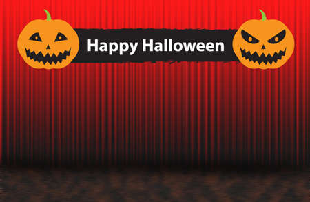 Happy Halloween sign with two scary pumpkins, Red rising curtainの写真素材