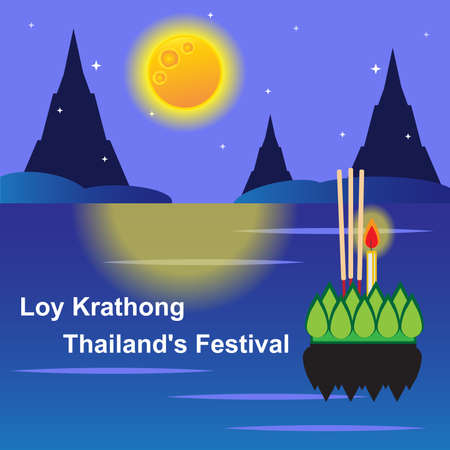 Loy krathong festival,Thailand full moon traditional festivalのイラスト素材