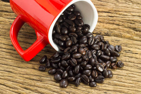 Coffee beans with in coffee cup on wooden background.の写真素材