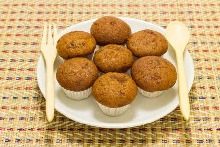 Banana cup cake on bamboo mat.の写真素材