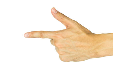 Closeup of male hand pointing. Isolated on white background.の写真素材