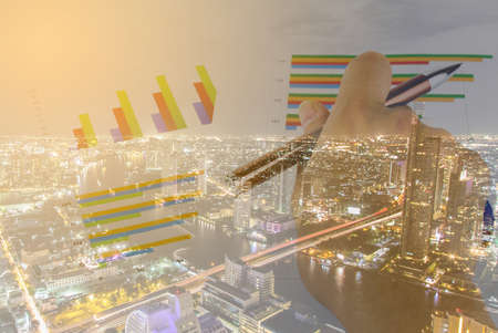 Double exposure of Calculations, savings, finances and economy concept.の写真素材