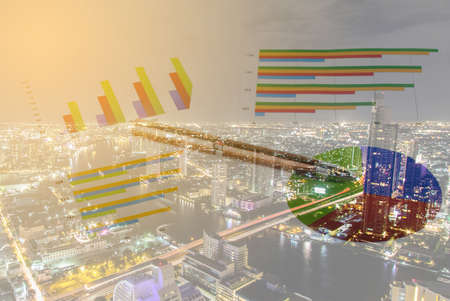Double exposure of Calculations, savings, finances and economy concept.の写真素材