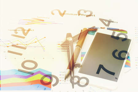 Double exposure of Pen, Phone and clock for finance and banking concept.の写真素材